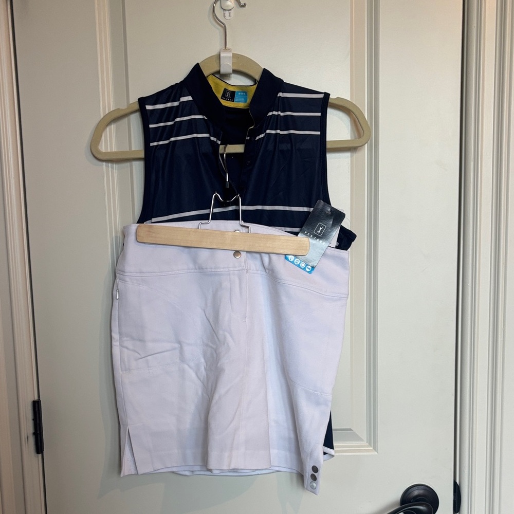NWT PGA Navy and White Striped Sleeveless Top (Med) with White GolfSkort (Small)